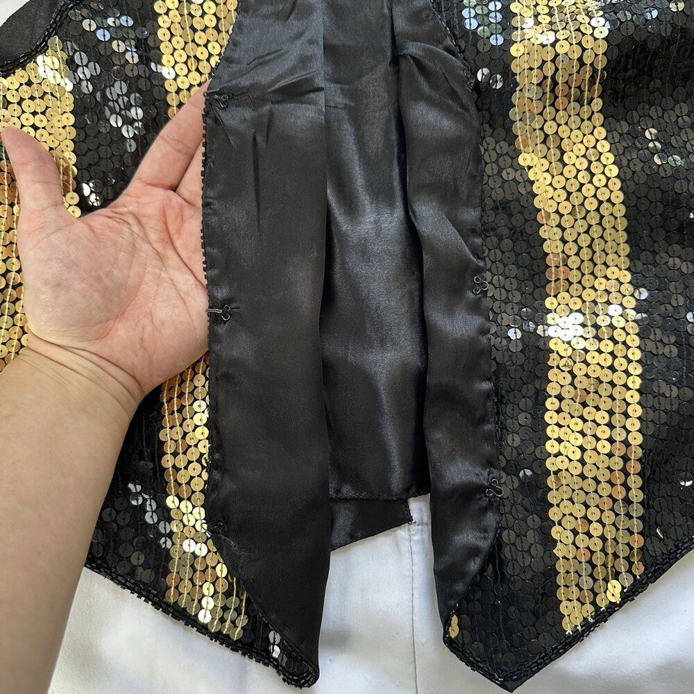 Vtg 80s AJ Silk Blend Vest Womens Small Black Gold Sequin Beads Waistcoat Party - Picture 3 of 8